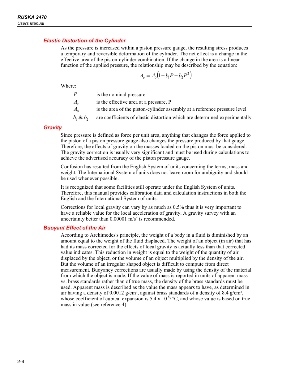 Elastic distortion of the cylinder, Gravity, Buoyant effect of the air | Fluke RUSKA 2470 User Manual | Page 16 / 78