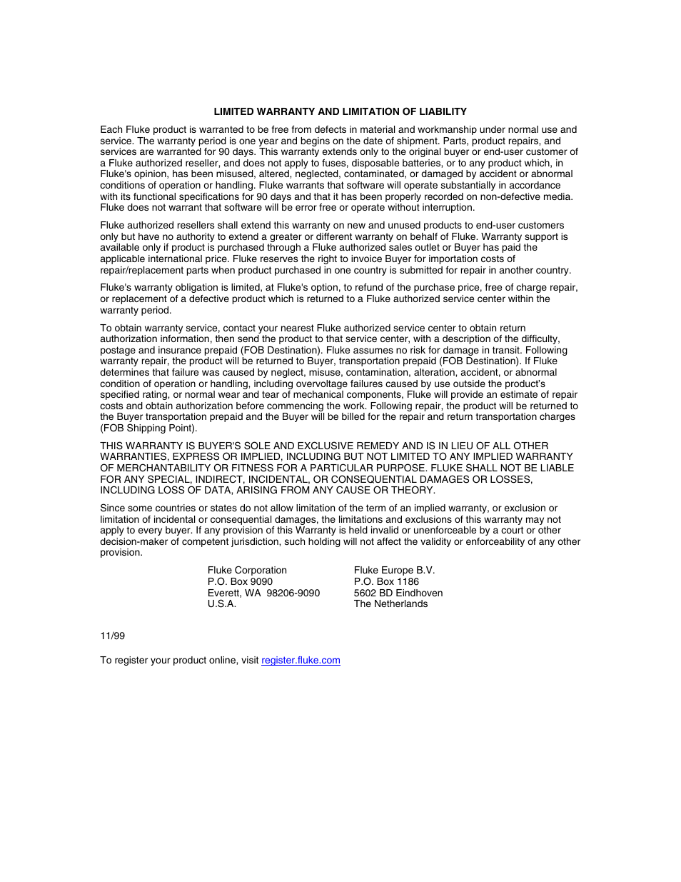 Limited warranty and limitation of liability | Fluke RUSKA 2470 User Manual | Page 2 / 78