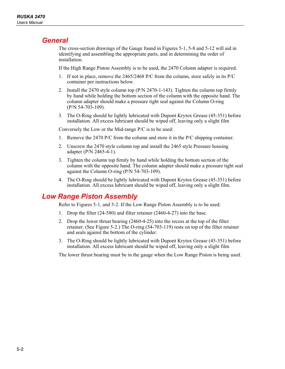 General, Low range piston assembly | Fluke RUSKA 2470 User Manual | Page 32 / 78