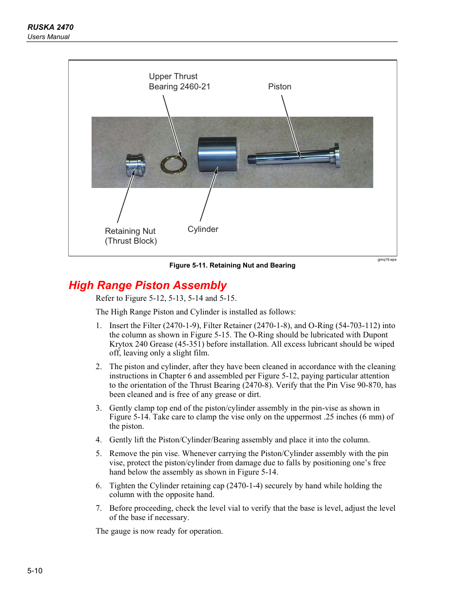 High range piston assembly | Fluke RUSKA 2470 User Manual | Page 40 / 78