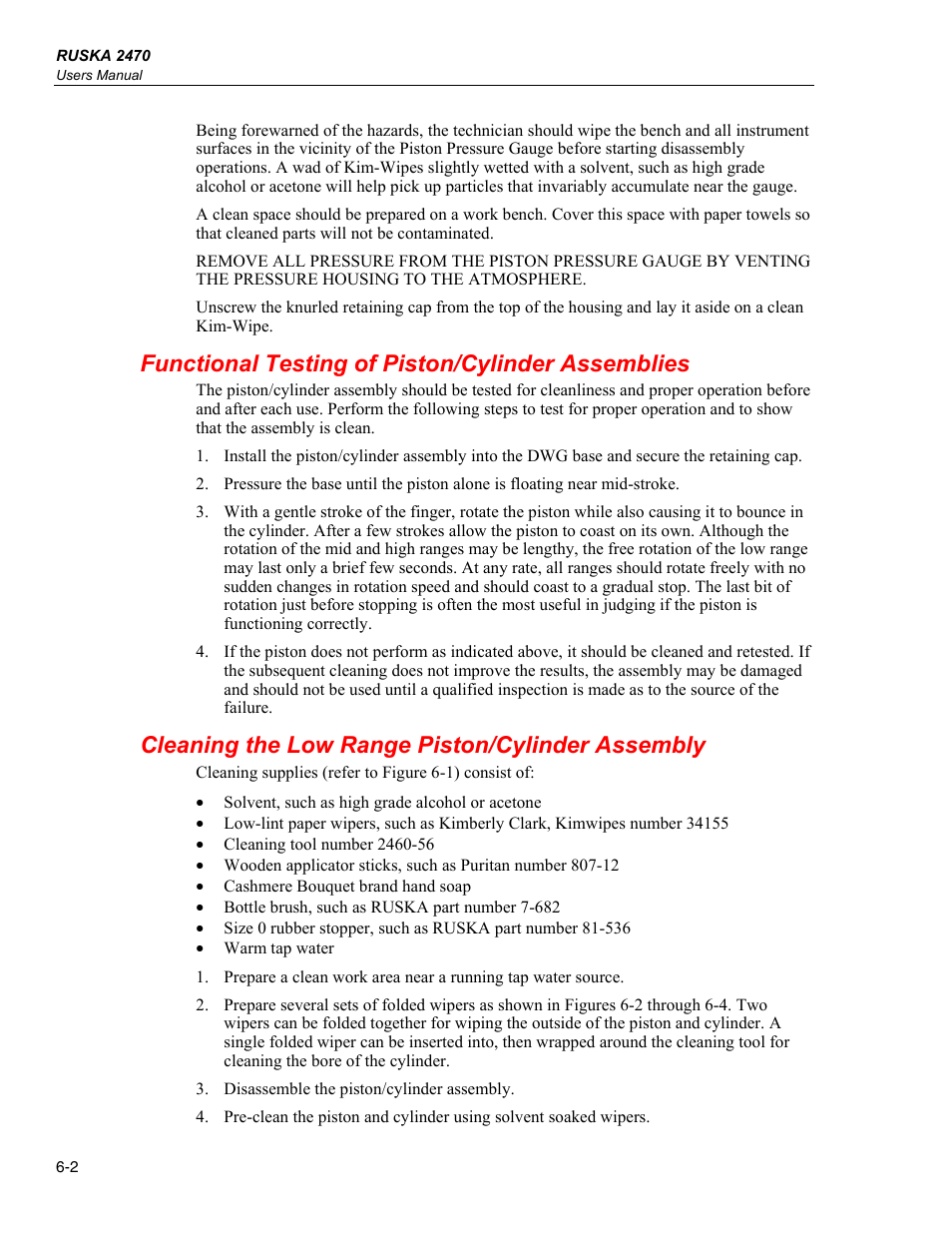 Functional testing of piston/cylinder assemblies, Cleaning the low range piston/cylinder assembly | Fluke RUSKA 2470 User Manual | Page 48 / 78