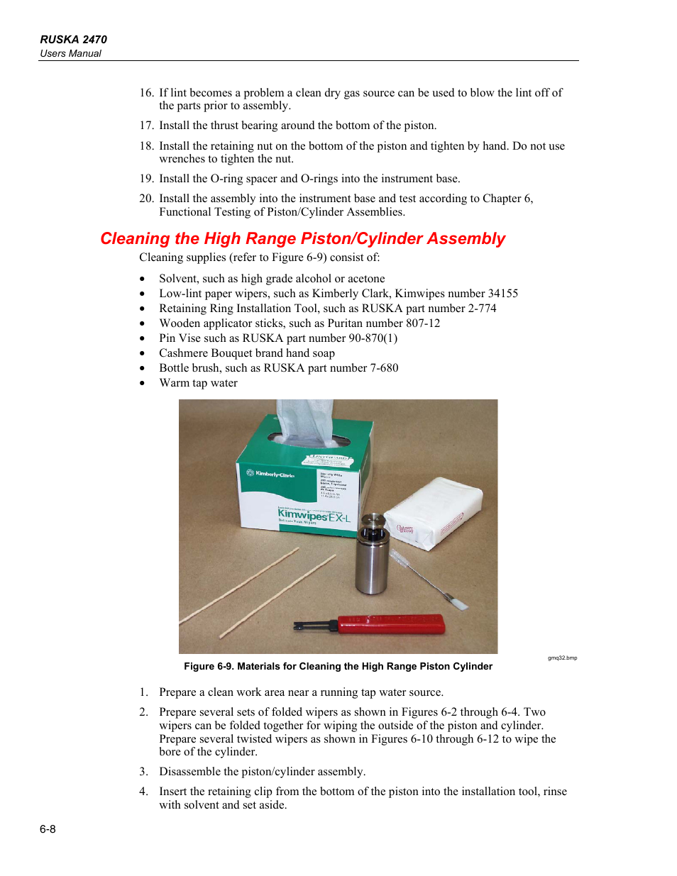 Cleaning the high range piston/cylinder assembly | Fluke RUSKA 2470 User Manual | Page 54 / 78