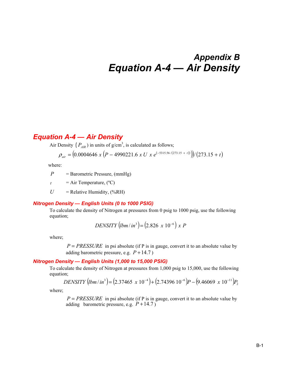 B. equation a-4 — air density, Equation a-4 — air density, Nitrogen density — english units (0 to 1000 psig) | Appendix b | Fluke RUSKA 2470 User Manual | Page 69 / 78