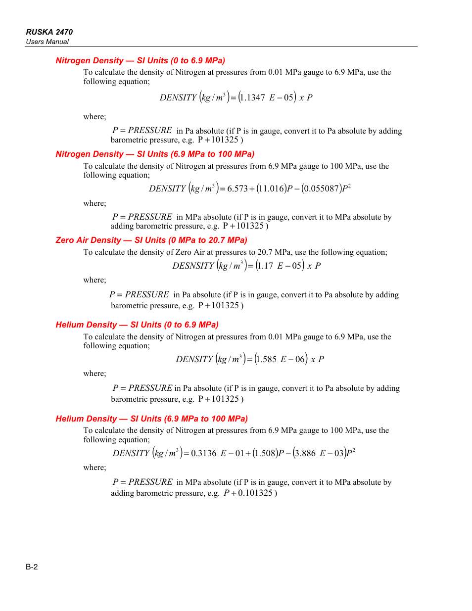 Nitrogen density — si units (0 to 6.9 mpa), Nitrogen density — si units (6.9 mpa to 100 mpa), Zero air density — si units (0 mpa to 20.7 mpa) | Helium density — si units (0 to 6.9 mpa), Helium density — si units (6.9 mpa to 100 mpa) | Fluke RUSKA 2470 User Manual | Page 70 / 78