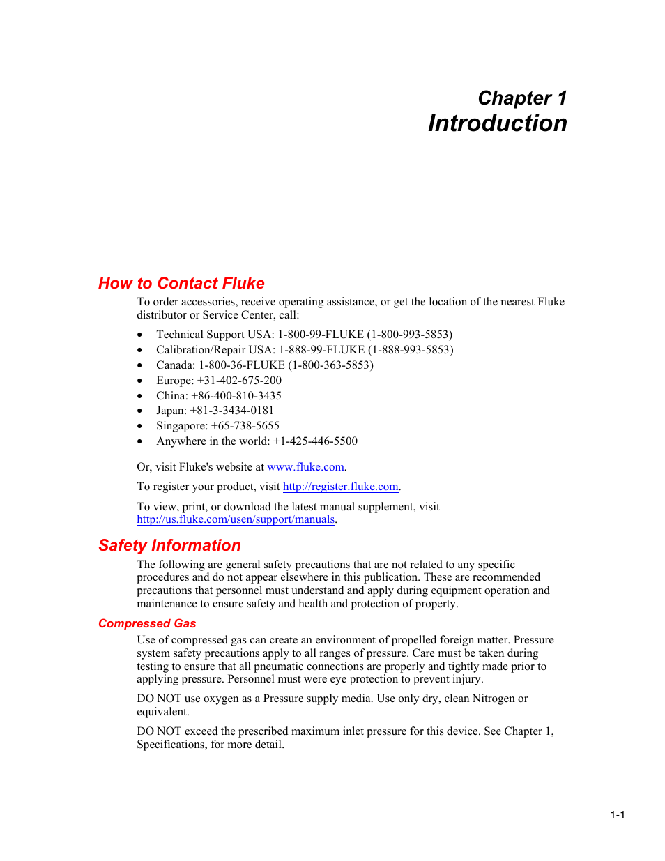 Introduction, How to contact fluke, Safety information | Compressed gas, Chapter 1 | Fluke RUSKA 2470 User Manual | Page 9 / 78