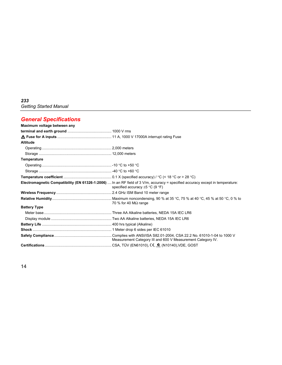 General specifications | Fluke 233 User Manual | Page 16 / 16