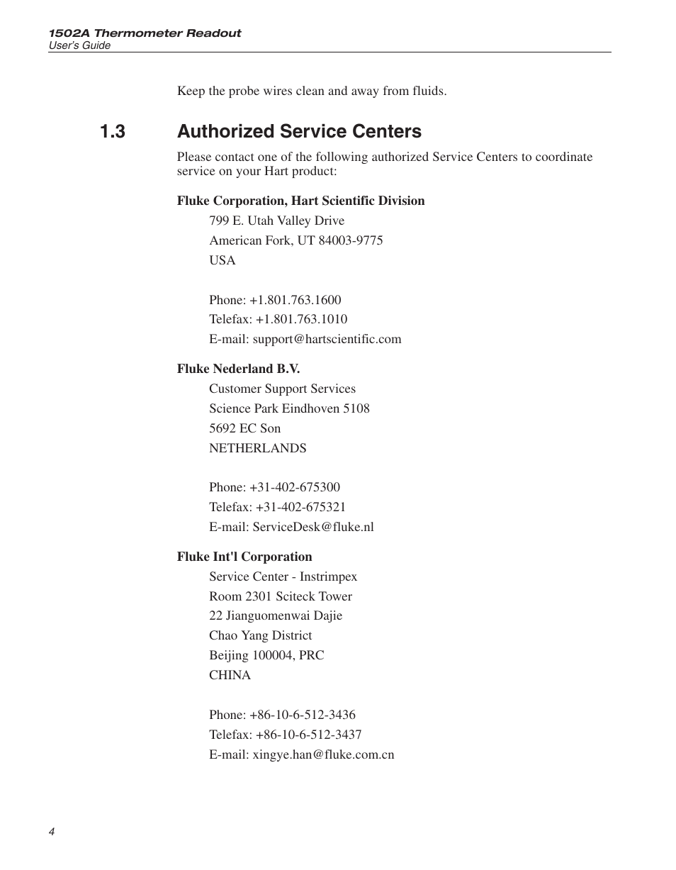 3 authorized service centers 4, Authorized service centers, 3 authorized service centers | Fluke HART SCIENTIFIC 1502A User Manual | Page 10 / 43