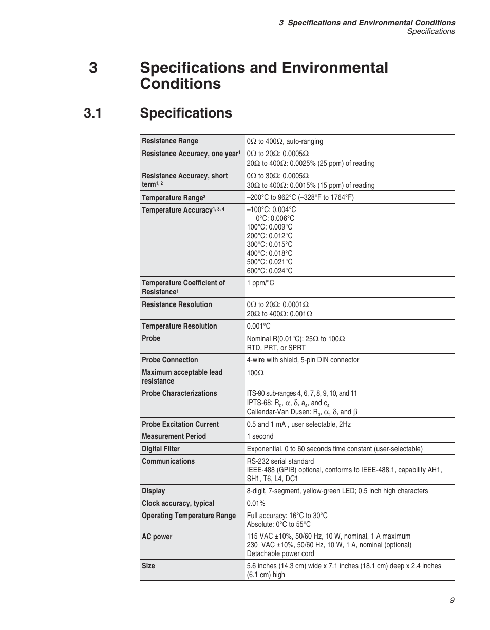 3 specifications and environmental conditions 9, 1 specifications 9, Specifications and environmental conditions | Specifications, 3specifications and environmental conditions, 1 specifications | Fluke HART SCIENTIFIC 1502A User Manual | Page 13 / 43