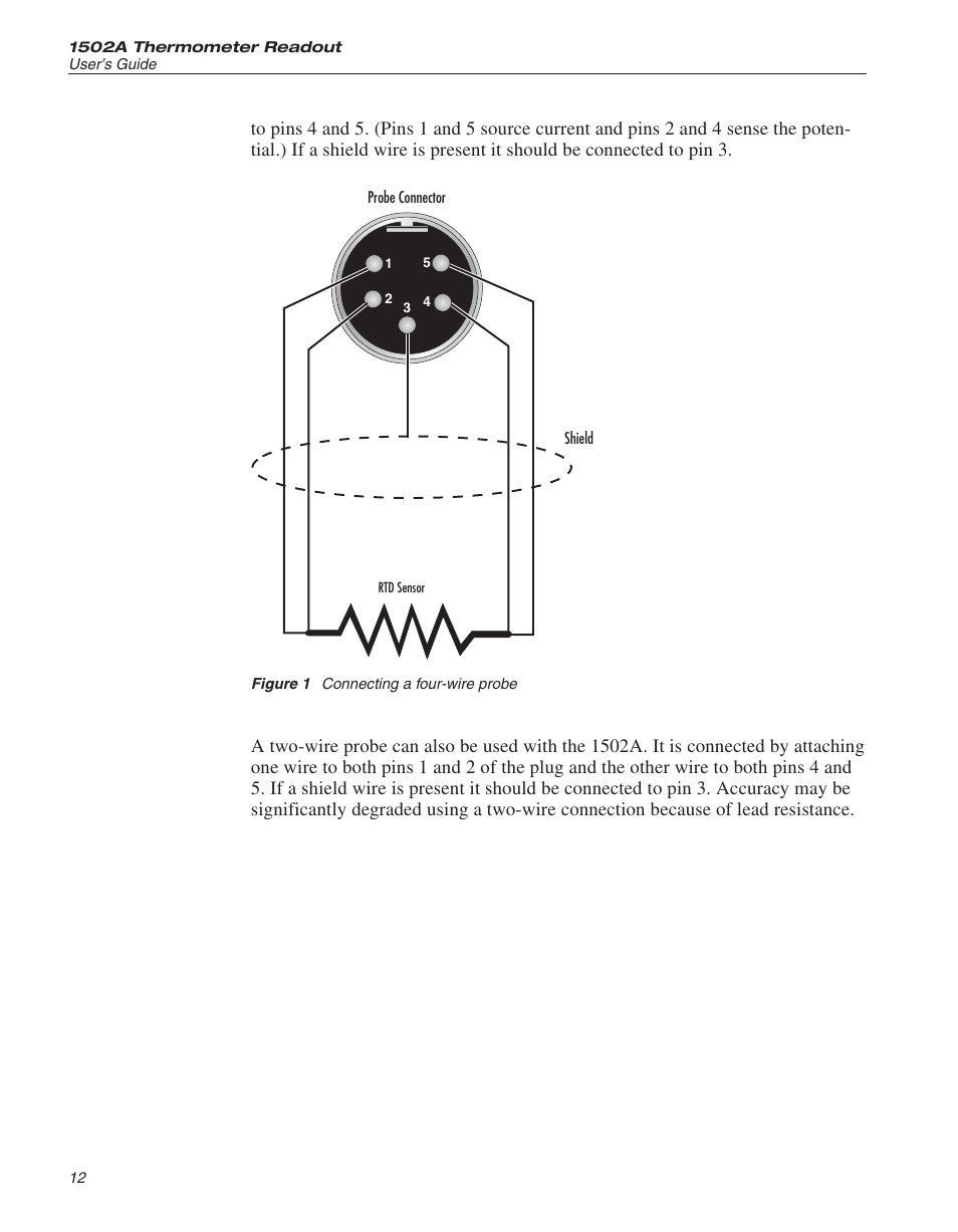 Figure 1 connecting a four-wire probe 12, Figure 1, Connecting a four-wire probe | Fluke HART SCIENTIFIC 1502A User Manual | Page 16 / 43