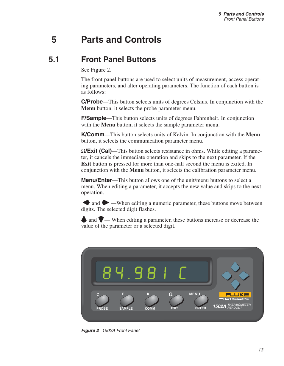 5 parts and controls 13, 1 front panel buttons 13, Figure 2 1502a front panel 13 | Parts and controls, Front panel buttons, Figure 2, 1502a front panel, 981 c, 5parts and controls, 1 front panel buttons | Fluke HART SCIENTIFIC 1502A User Manual | Page 17 / 43