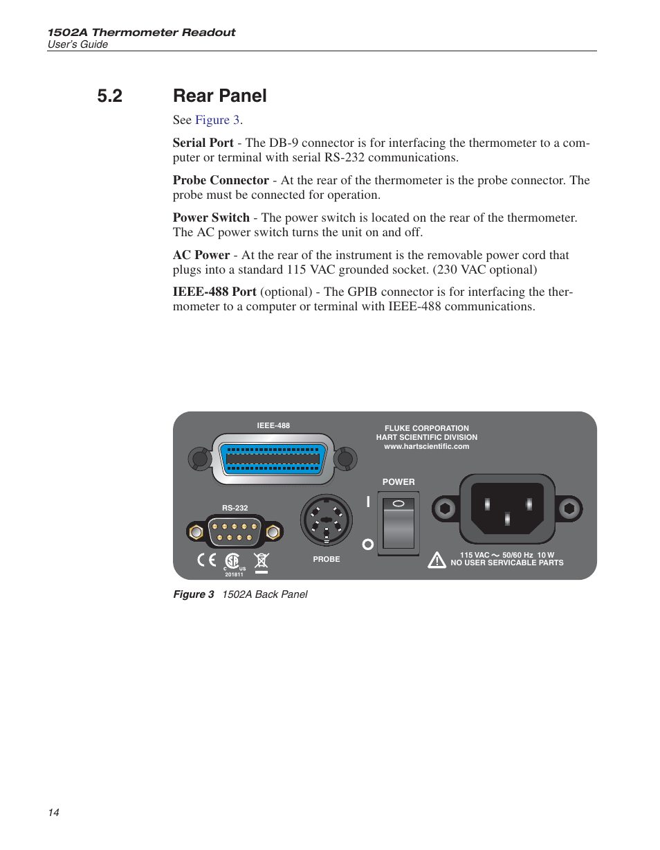 2 rear panel 14, Figure 3 1502a back panel 14, Rear panel | Figure 3, 1502a back panel, 2 rear panel | Fluke HART SCIENTIFIC 1502A User Manual | Page 18 / 43