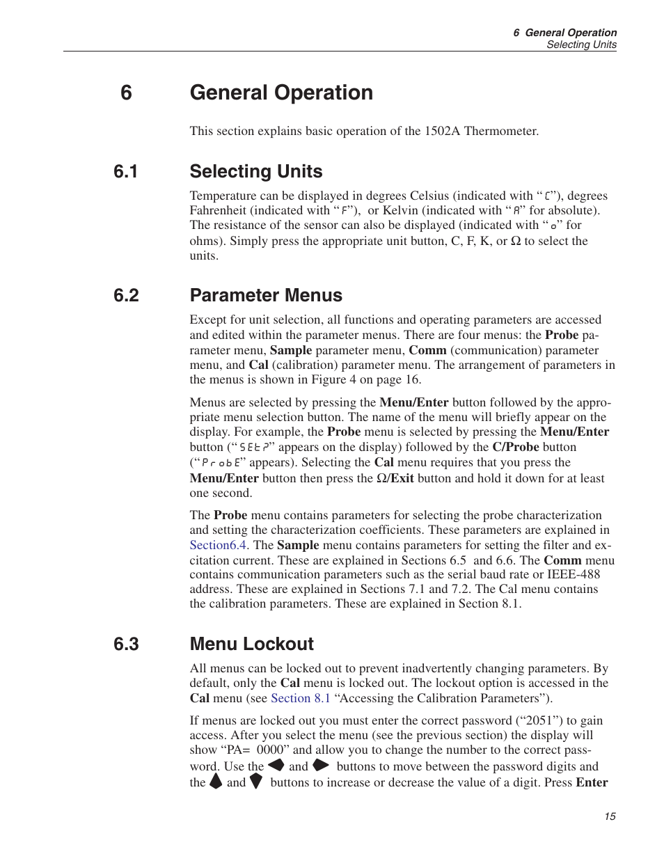 6 general operation 15, 1 selecting units 15, 2 parameter menus 15 | 3 menu lockout 15, General operation, Selecting units, Parameter menus, Menu lockout, 6general operation, 1 selecting units | Fluke HART SCIENTIFIC 1502A User Manual | Page 19 / 43