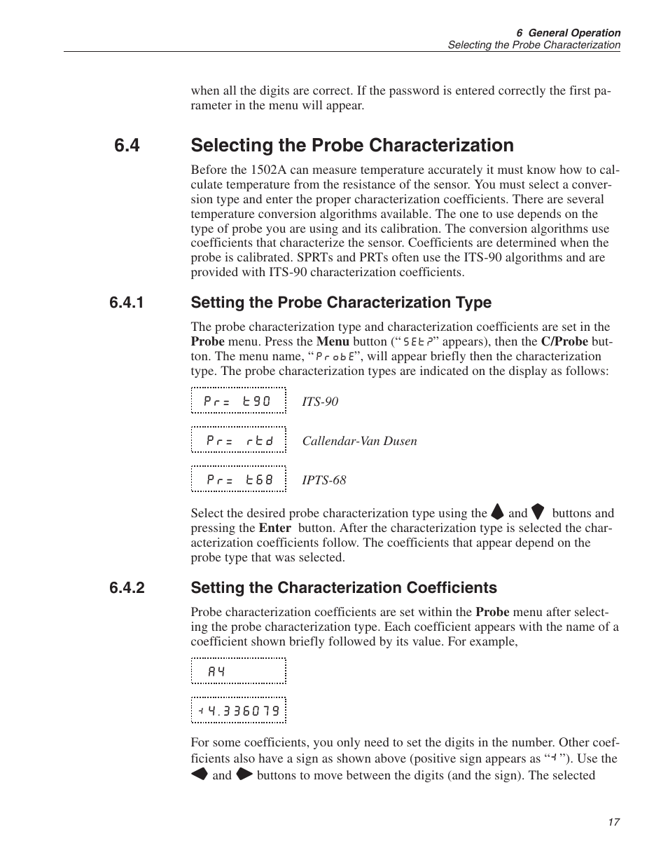 4 selecting the probe characterization 17, 1 setting the probe characterization type 17, 2 setting the characterization coefficients 17 | Selecting the probe characterization, Setting the probe characterization type, Setting the characterization coefficients, On6.4, 4 selecting the probe characterization | Fluke HART SCIENTIFIC 1502A User Manual | Page 21 / 43