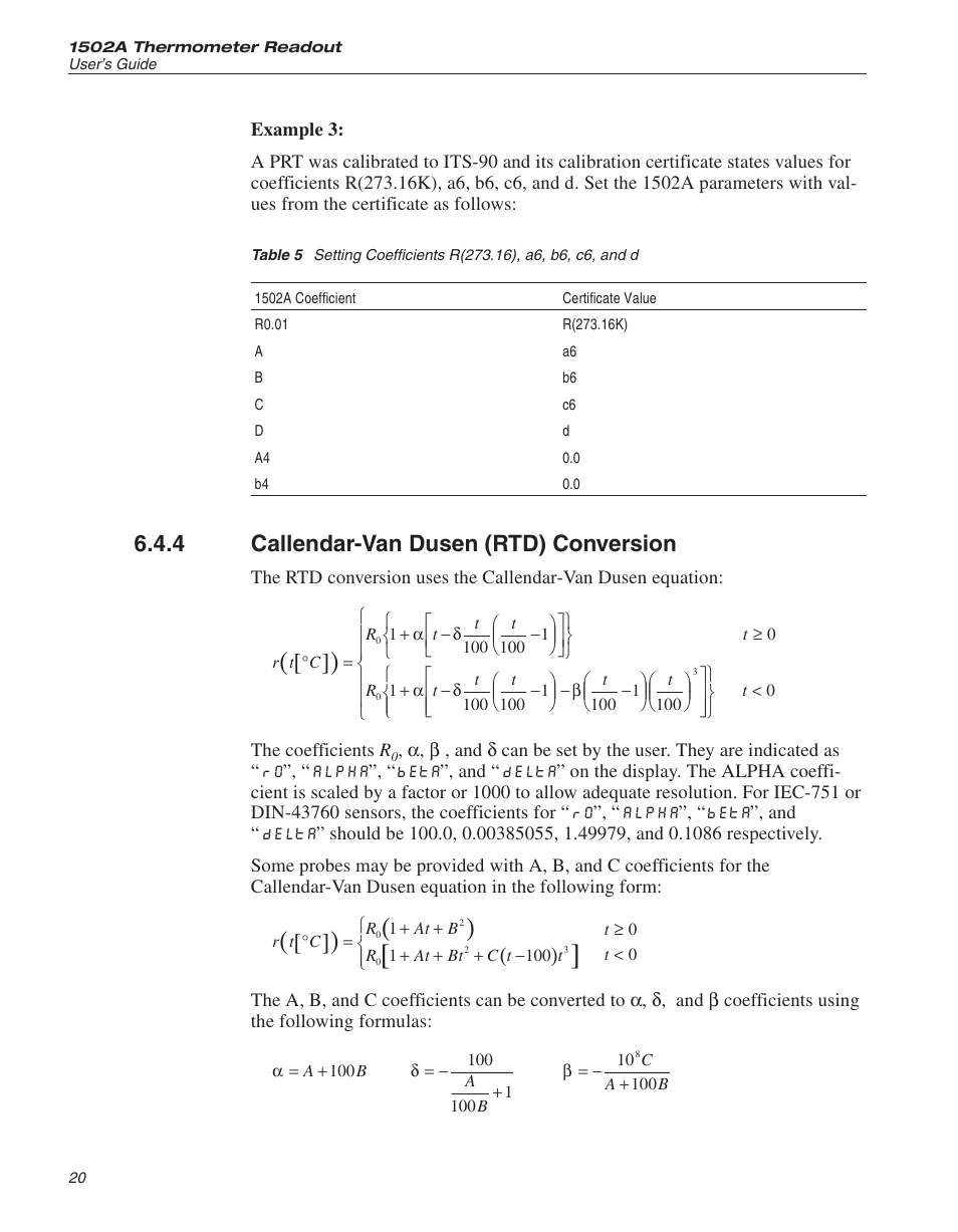 4 callendar-van dusen (rtd) conversion 20, Callendar-van dusen (rtd) conversion, Table 5 | Setting coefficients r(273.16), a6, b6, c6, and d, 4 callendar-van dusen (rtd) conversion | Fluke HART SCIENTIFIC 1502A User Manual | Page 24 / 43