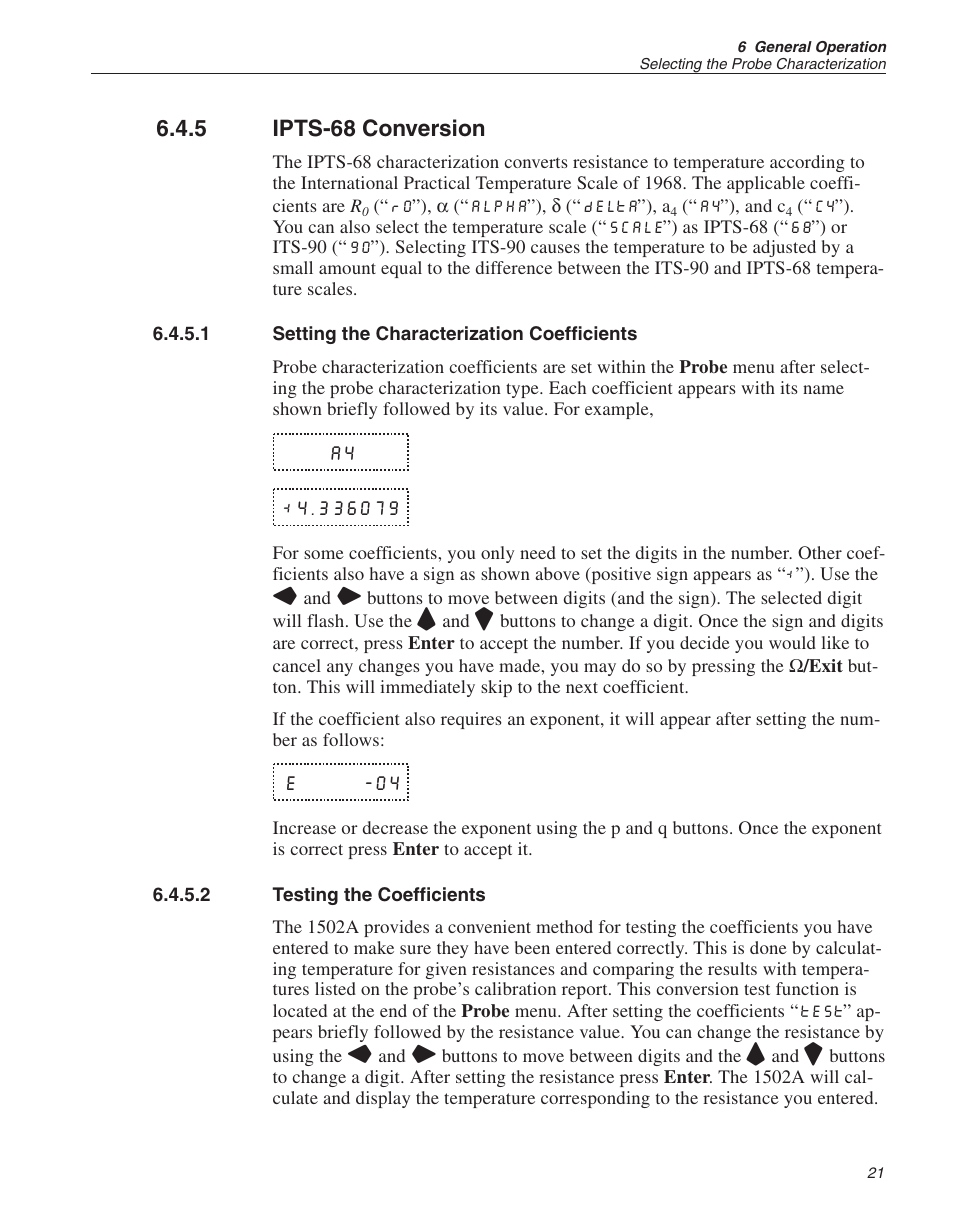 5 ipts-68 conversion 21, 1 setting the characterization coefficients 21, 2 testing the coefficients 21 | Ipts-68 conversion, Setting the characterization coefficients, Testing the coefficients, 5 ipts-68 conversion, E -04 | Fluke HART SCIENTIFIC 1502A User Manual | Page 25 / 43