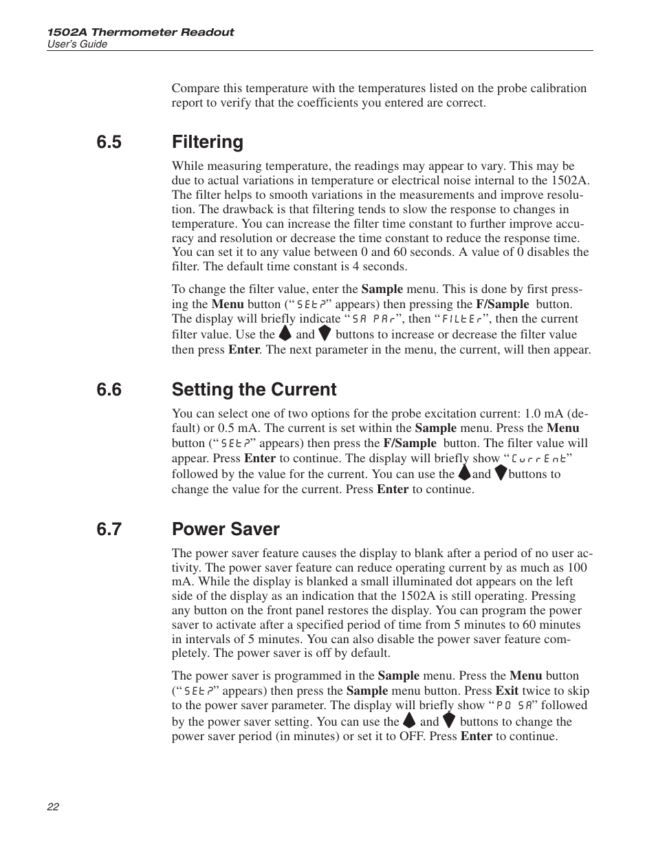 5 filtering 22, 6 setting the current 22, 7 power saver 22 | Filtering, Setting the current, Power saver, 5 filtering, 6 setting the current, 7 power saver | Fluke HART SCIENTIFIC 1502A User Manual | Page 26 / 43