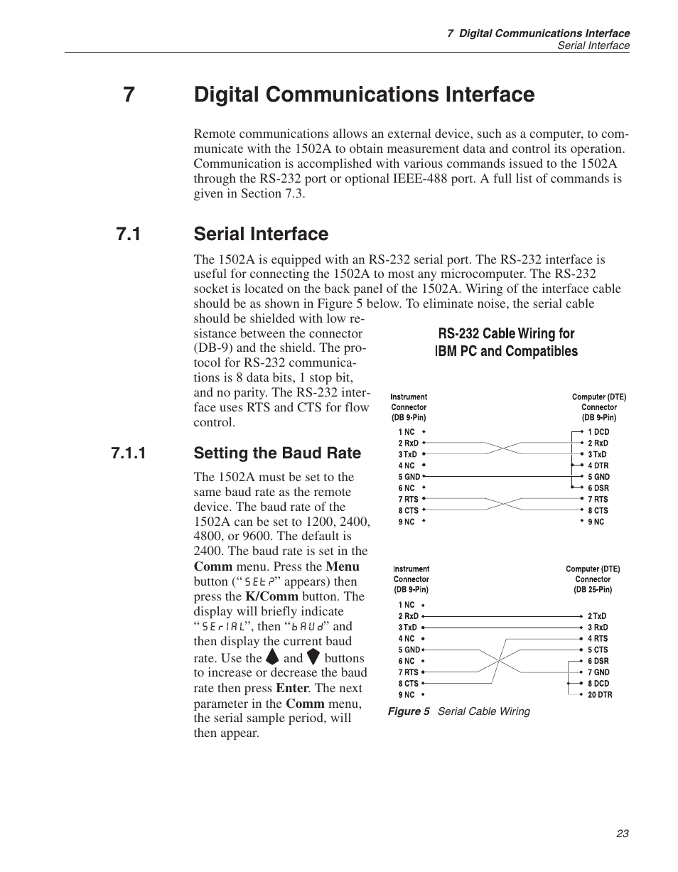 7 digital communications interface 23, 1 serial interface 23, 1 setting the baud rate 23 | Figure 5 serial cable wiring 23, Digital communications interface, Serial interface, Setting the baud rate, Figure 5, Serial cable wiring, 7digital communications interface | Fluke HART SCIENTIFIC 1502A User Manual | Page 27 / 43