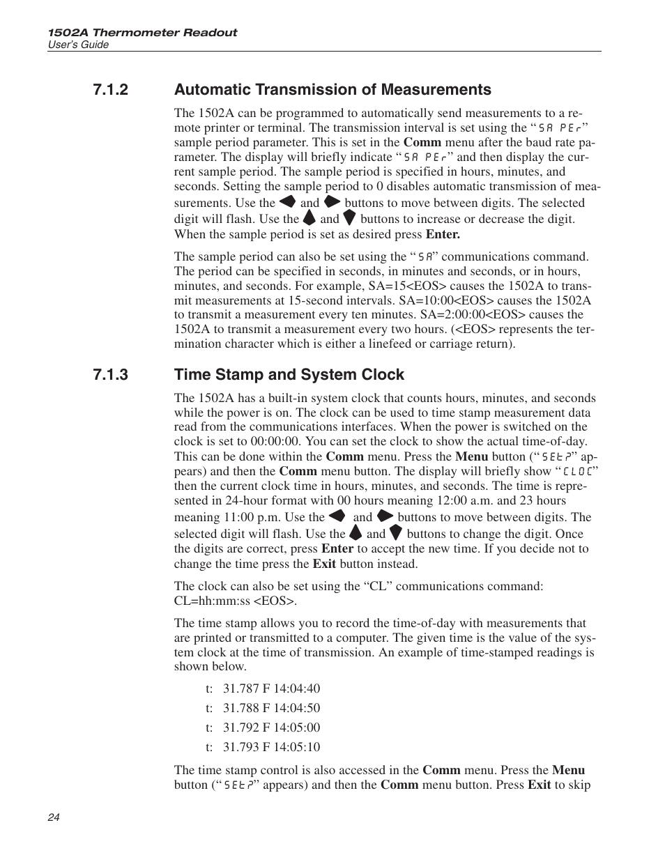 2 automatic transmission of measurements 24, 3 time stamp and system clock 24, Automatic transmission of measurements | Time stamp and system clock, 2 automatic transmission of measurements, 3 time stamp and system clock | Fluke HART SCIENTIFIC 1502A User Manual | Page 28 / 43