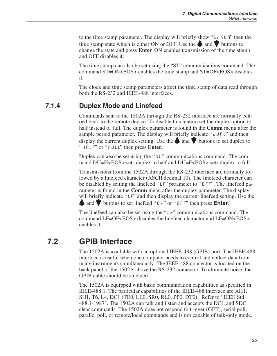 4 duplex mode and linefeed 25, 2 gpib interface 25, Duplex mode and linefeed | Gpib interface, 2 gpib interface | Fluke HART SCIENTIFIC 1502A User Manual | Page 29 / 43
