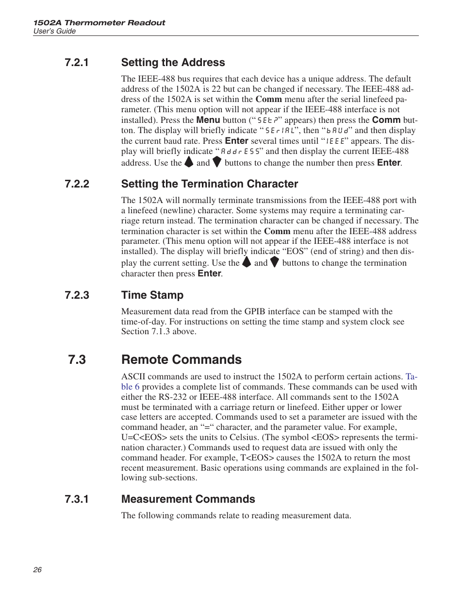 1 setting the address 26, 2 setting the termination character 26, 3 time stamp 26 | 3 remote commands 26, 1 measurement commands 26, Setting the address, Setting the termination character, Time stamp, Remote commands, Measurement commands | Fluke HART SCIENTIFIC 1502A User Manual | Page 30 / 43