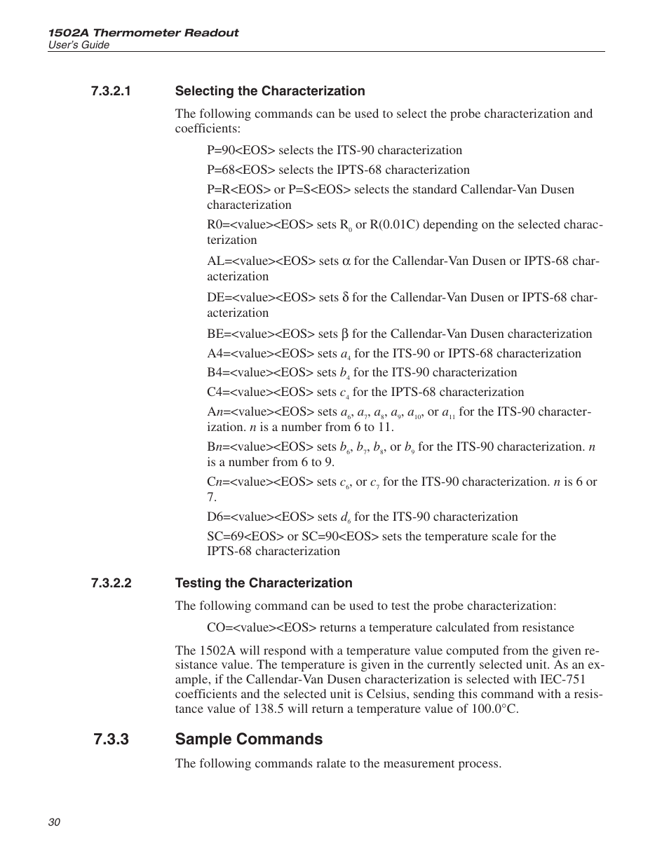 1 selecting the characterization 30, 2 testing the characterization 30, 3 sample commands 30 | Selecting the characterization, Testing the characterization, Sample commands, 3 sample commands | Fluke HART SCIENTIFIC 1502A User Manual | Page 34 / 43