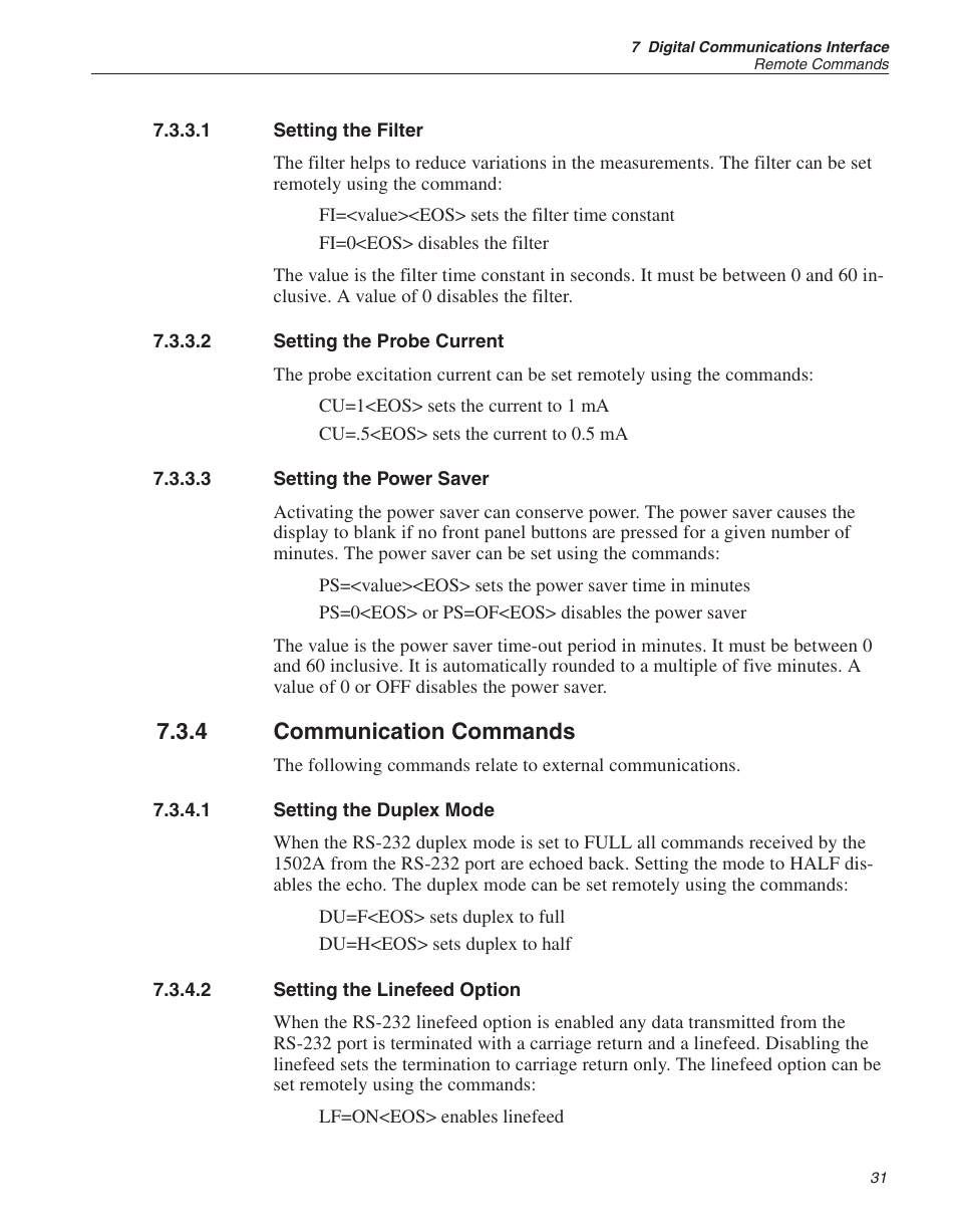 1 setting the filter 31, 2 setting the probe current 31, 3 setting the power saver 31 | 4 communication commands 31, 1 setting the duplex mode 31, 2 setting the linefeed option 31, Setting the filter, Setting the probe current, Setting the power saver, Communication commands | Fluke HART SCIENTIFIC 1502A User Manual | Page 35 / 43