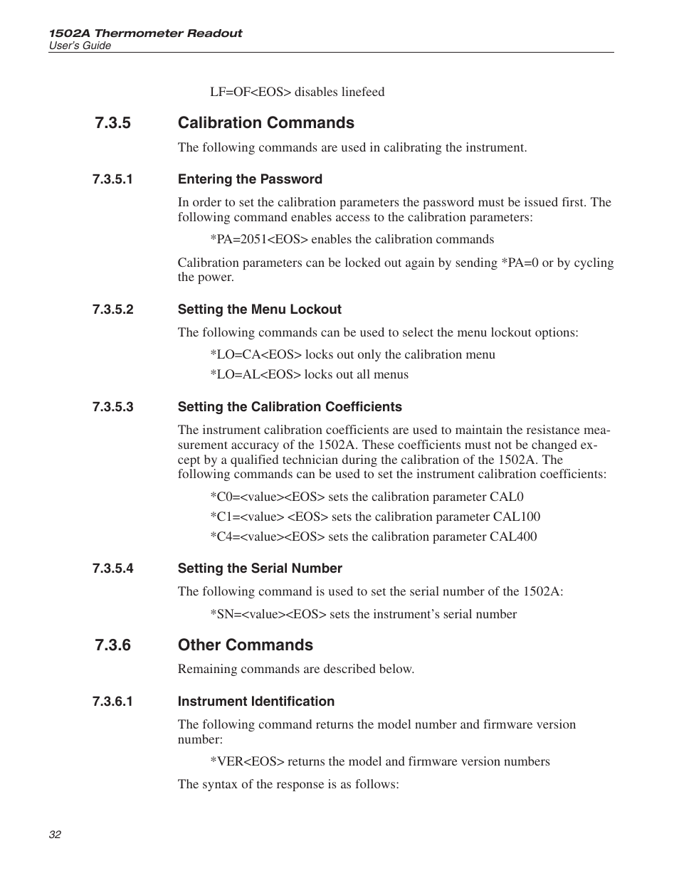 5 calibration commands 32, 1 entering the password 32, 2 setting the menu lockout 32 | 3 setting the calibration coefficients 32, 4 setting the serial number 32, 6 other commands 32, 1 instrument identification 32, Calibration commands, Entering the password, Setting the menu lockout | Fluke HART SCIENTIFIC 1502A User Manual | Page 36 / 43