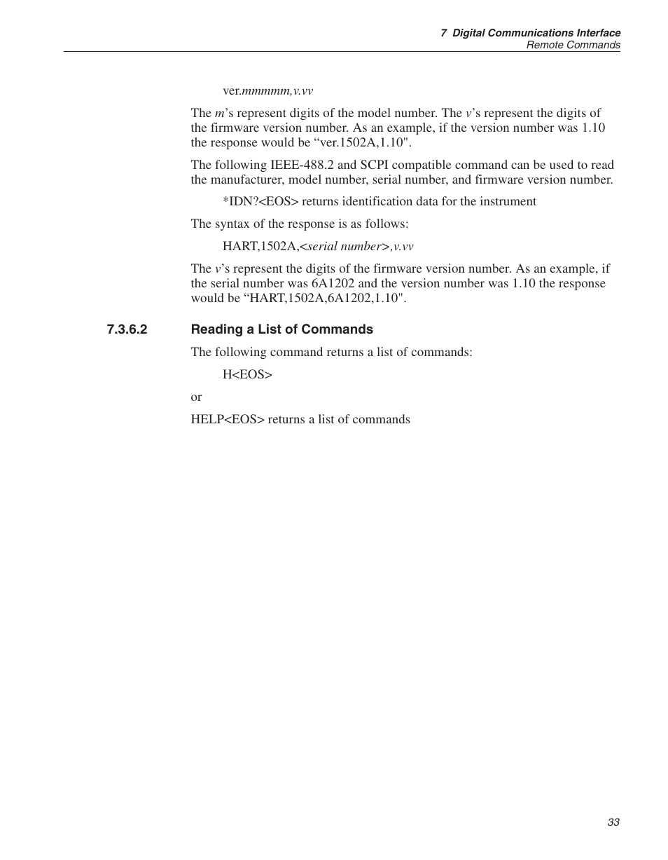 2 reading a list of commands 33, Reading a list of commands | Fluke HART SCIENTIFIC 1502A User Manual | Page 37 / 43