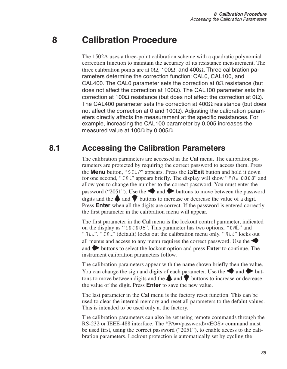 8 calibration procedure 35, 1 accessing the calibration parameters 35, Calibration procedure | Accessing the calibration parameters, 8calibration procedure, 1 accessing the calibration parameters | Fluke HART SCIENTIFIC 1502A User Manual | Page 38 / 43