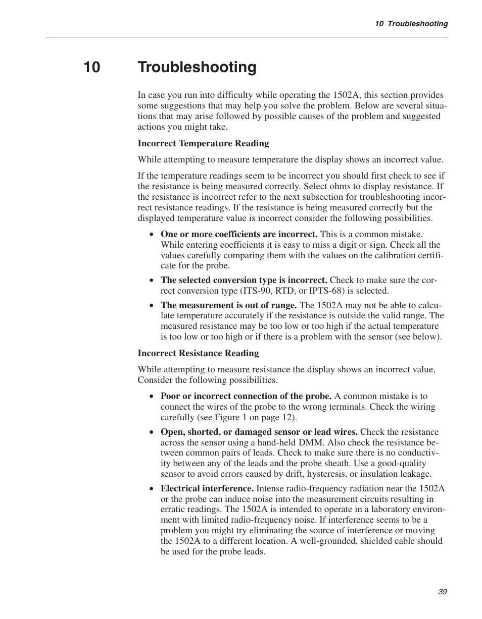 10 troubleshooting 39, 10 troubleshooting | Fluke HART SCIENTIFIC 1502A User Manual | Page 41 / 43