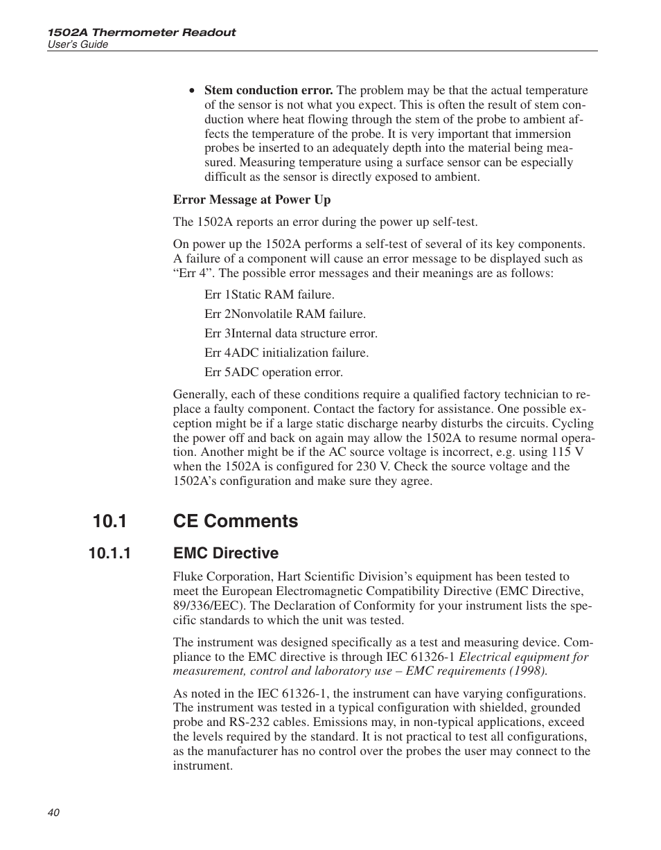 1 ce comments 40, 1 emc directive 40, Ce comments | Emc directive, 1 ce comments | Fluke HART SCIENTIFIC 1502A User Manual | Page 42 / 43