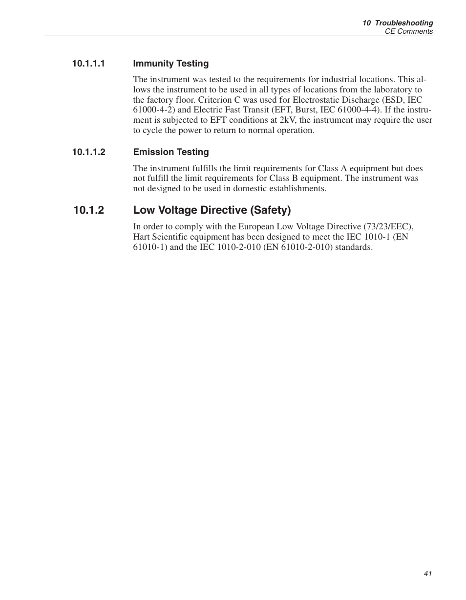 1 immunity testing 41, 2 emission testing 41, 2 low voltage directive (safety) 41 | Immunity testing, Emission testing, Low voltage directive (safety), 2 low voltage directive (safety) | Fluke HART SCIENTIFIC 1502A User Manual | Page 43 / 43