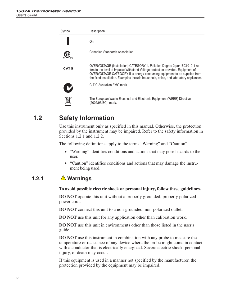 2 safety information 2, 1 warnings 2, Safety information | Warnings, 2 safety information, 1 warnings | Fluke HART SCIENTIFIC 1502A User Manual | Page 8 / 43