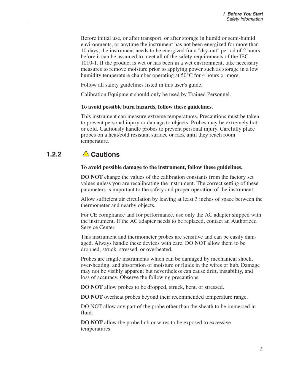 2 cautions 3, Cautions, 2 cautions | Fluke HART SCIENTIFIC 1502A User Manual | Page 9 / 43