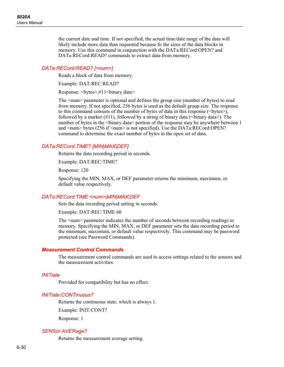 Measurement control commands | Fluke 5020A User Manual | Page 100 / 142
