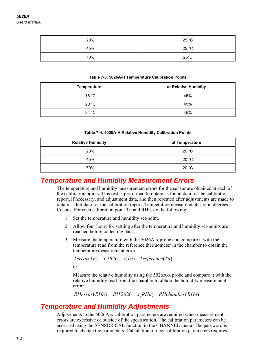 Temperature and humidity measurement errors, Temperature and humidity adjustments | Fluke 5020A User Manual | Page 128 / 142