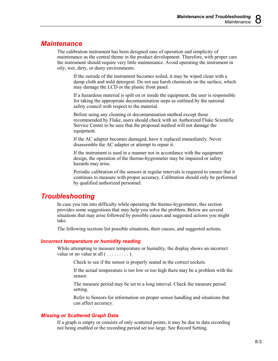Maintenance, Troubleshooting, Incorrect temperature or humidity reading | Missing or scattered graph data | Fluke 5020A User Manual | Page 133 / 142