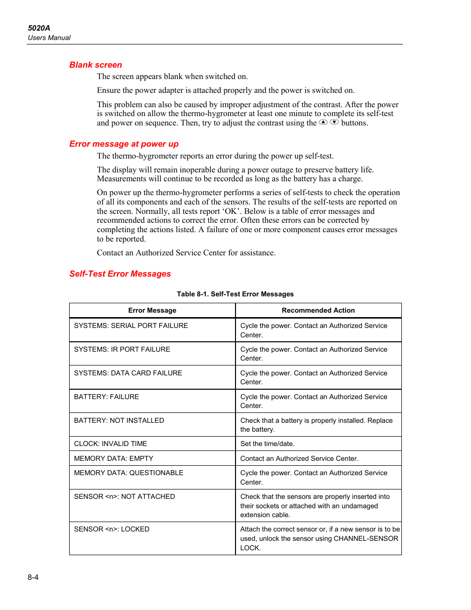 Blank screen, Error message at power up, Self-test error messages | Fluke 5020A User Manual | Page 134 / 142