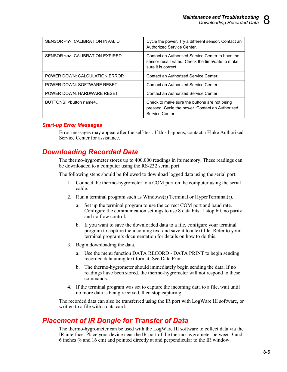 Start-up error messages, Downloading recorded data, Placement of ir dongle for transfer of data | Fluke 5020A User Manual | Page 135 / 142