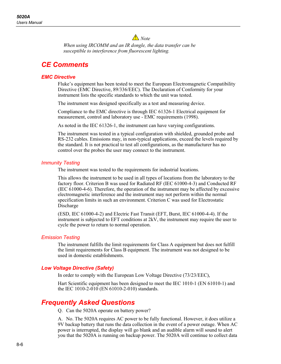 Ce comments, Emc directive, Immunity testing | Emission testing, Low voltage directive (safety), Frequently asked questions | Fluke 5020A User Manual | Page 136 / 142