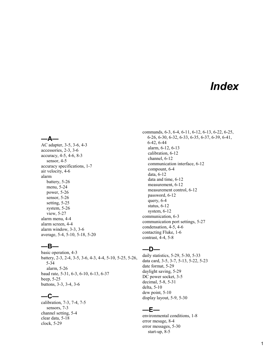 Index | Fluke 5020A User Manual | Page 139 / 142