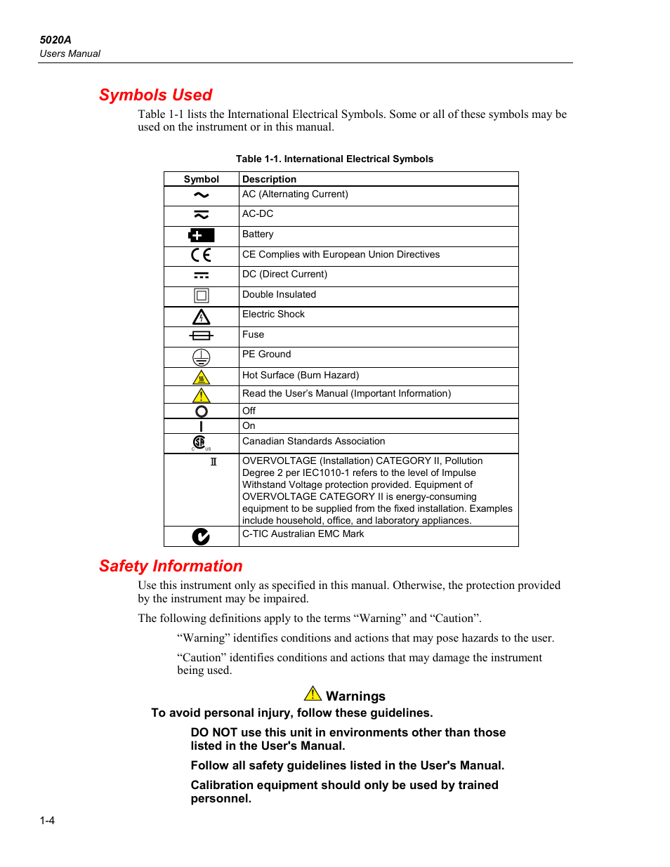Symbols used, Safety information | Fluke 5020A User Manual | Page 14 / 142