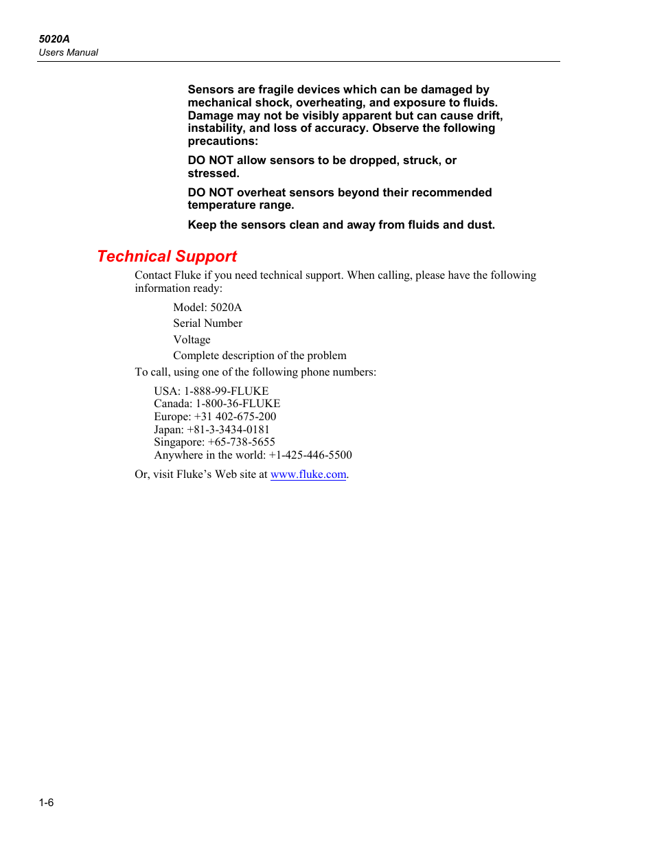 Technical support | Fluke 5020A User Manual | Page 16 / 142