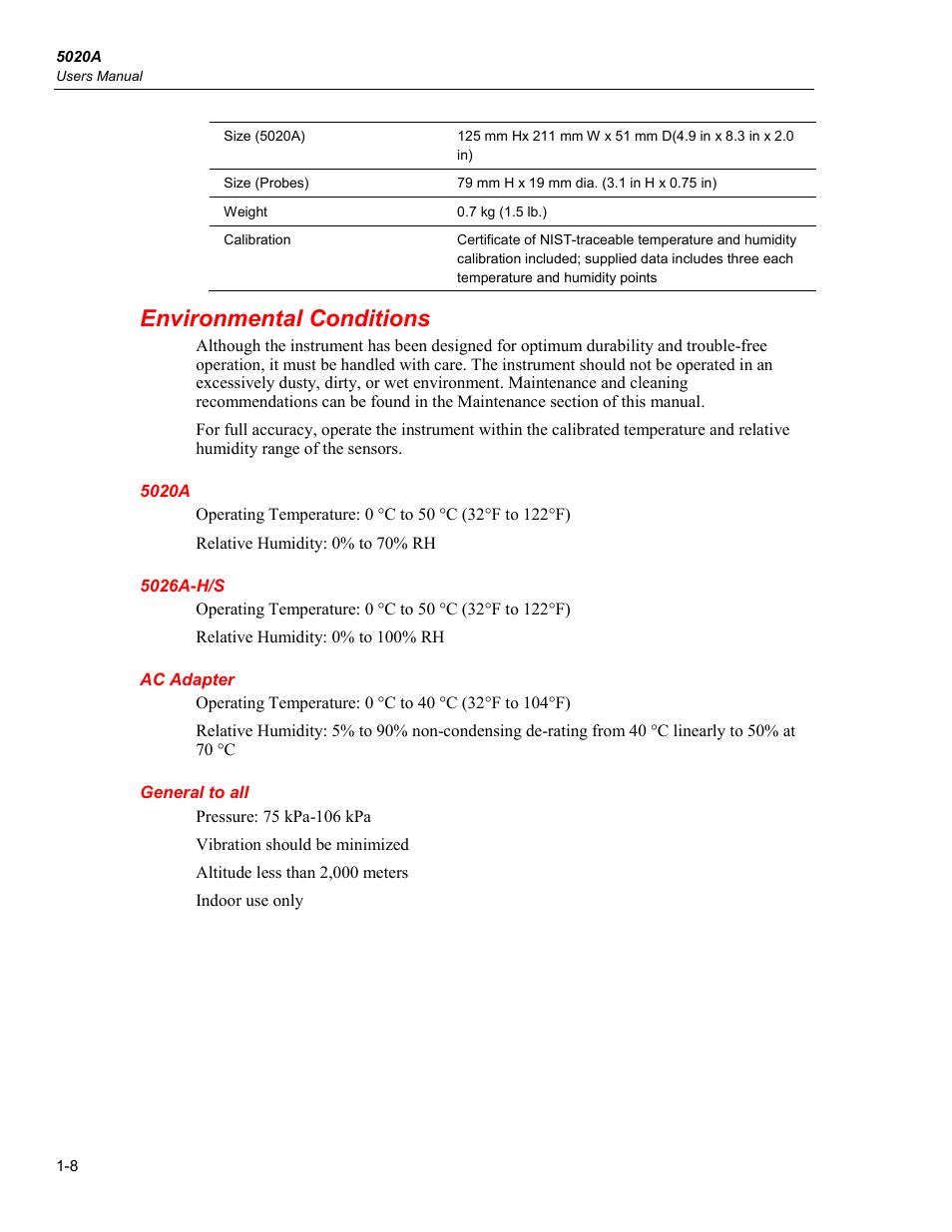 Environmental conditions, 5020a, 5026a-h/s | Ac adapter, General to all | Fluke 5020A User Manual | Page 18 / 142