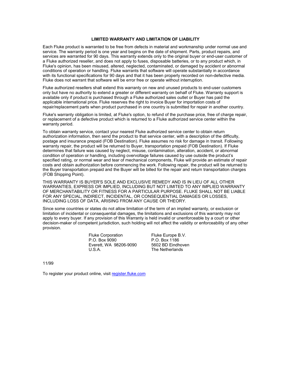Limited warranty and limitation of liabilit | Fluke 5020A User Manual | Page 2 / 142