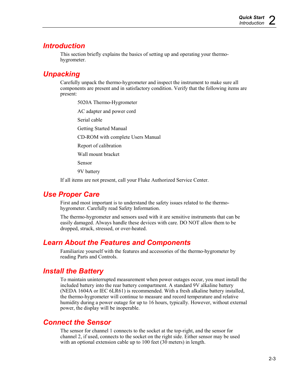 Introduction, Unpacking, Use proper care | Learn about the features and components, Install the battery, Connect the sensor | Fluke 5020A User Manual | Page 21 / 142