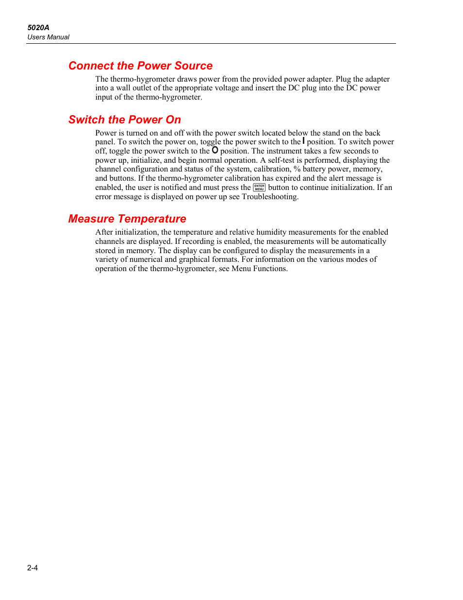 Connect the power source, Switch the power on, Measure temperature | Fluke 5020A User Manual | Page 22 / 142