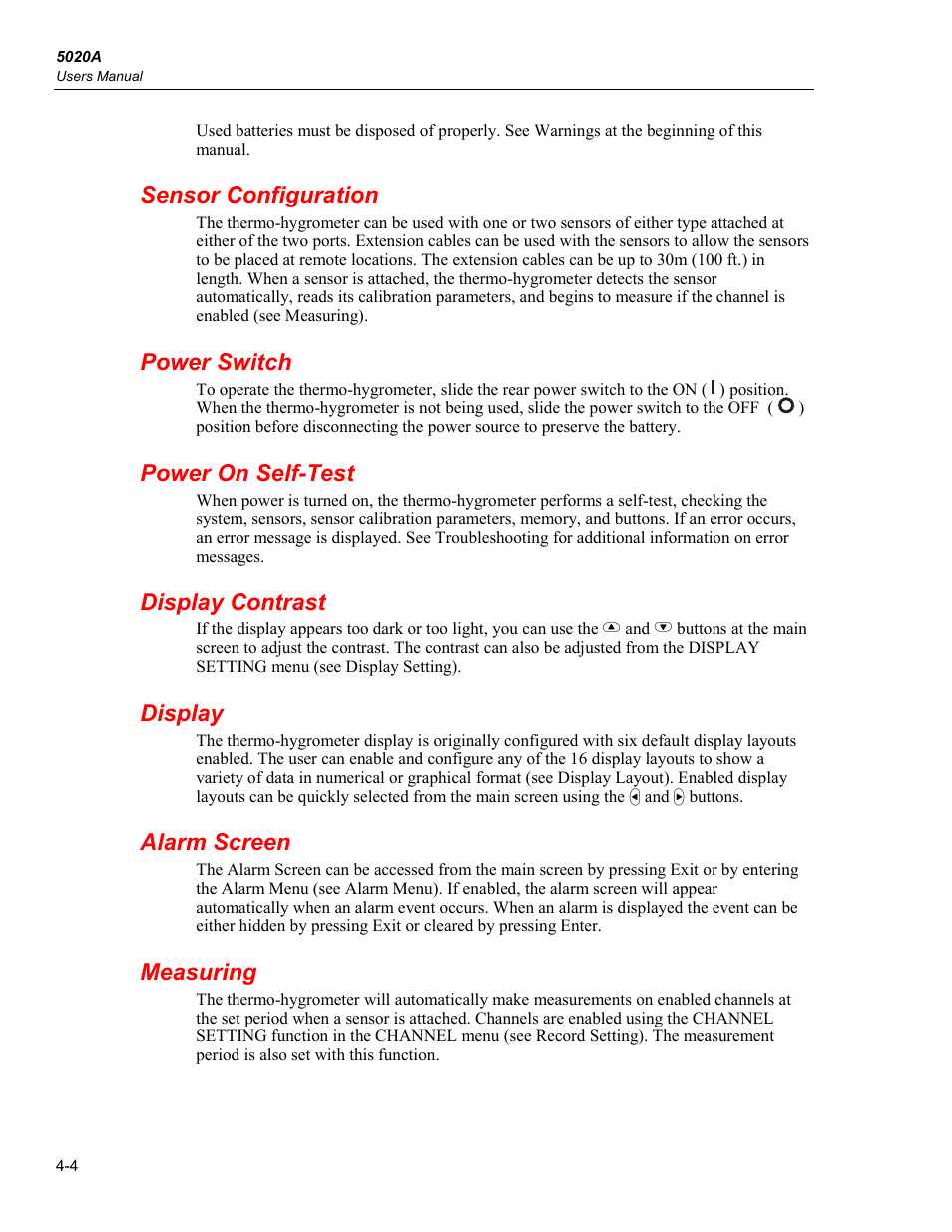 Sensor configuration, Power switch, Power on self-test | Display contrast, Display, Alarm screen, Measuring | Fluke 5020A User Manual | Page 34 / 142