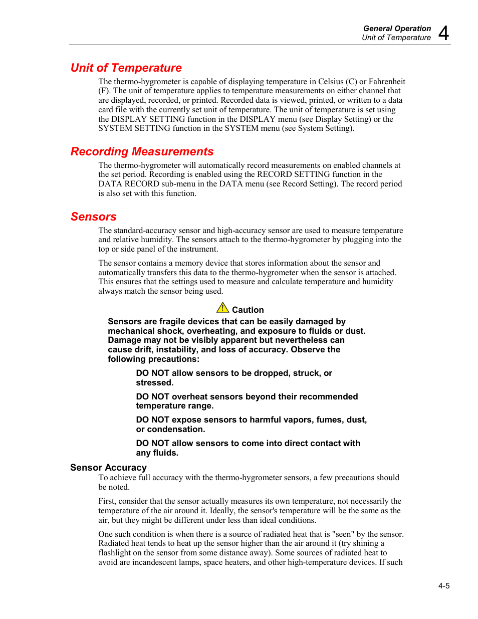 Unit of temperature, Recording measurements, Sensors | Fluke 5020A User Manual | Page 35 / 142