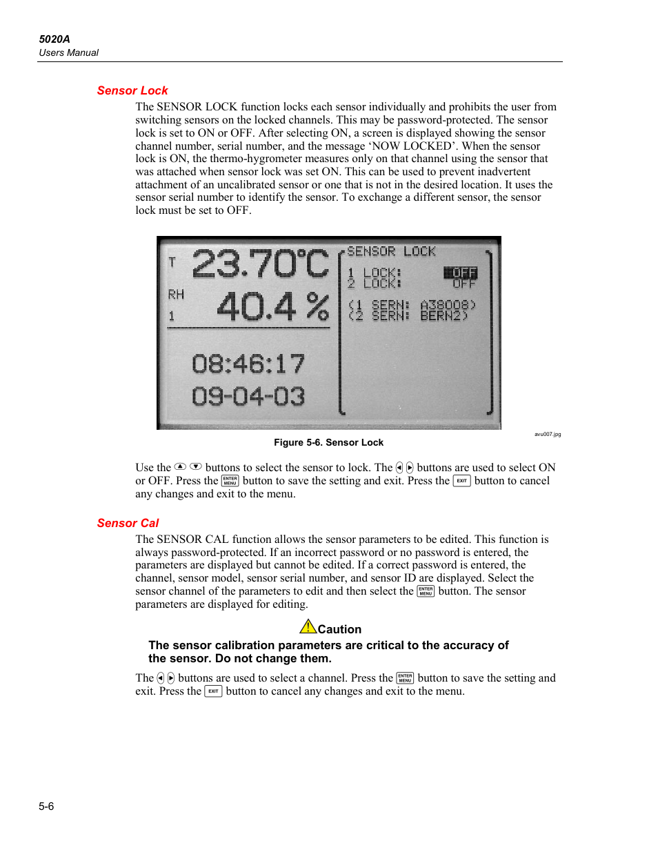 Sensor lock, Sensor cal | Fluke 5020A User Manual | Page 42 / 142